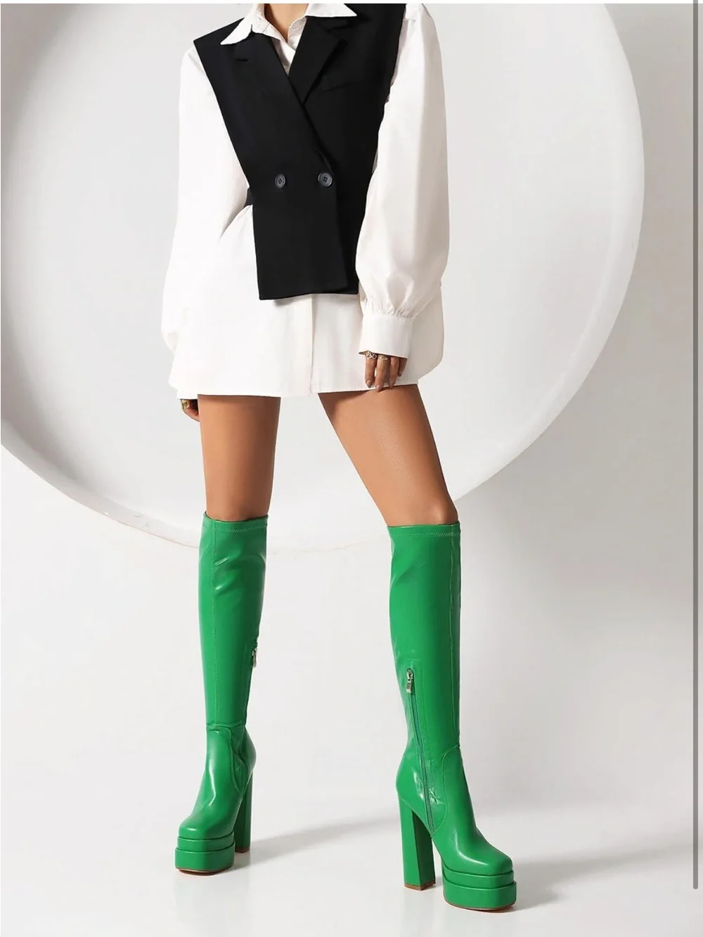 Green Platform Knee-High Boots - Women